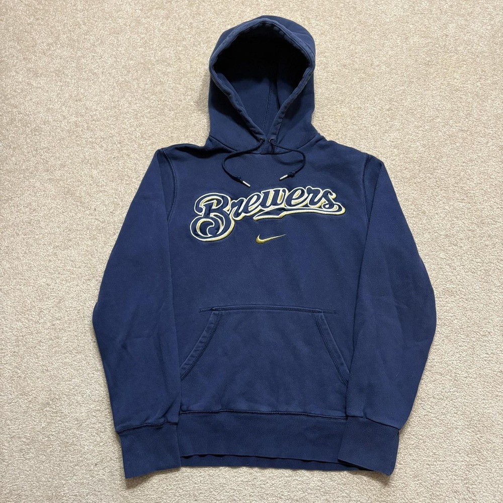 Milwaukee Brewers Hoodie Nike‎ Center Swoosh Mens Medium Navy MLB Baseball Sweat